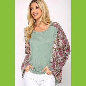 New GIGIO by UMGEE S M L mint w/ floral paisley sleeves & sides pullover tunic